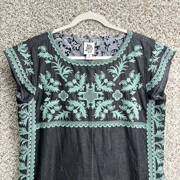 Ivy Jane Dress Women’s Small 100% Cotton Dark Gray and Teal Embroidered Short Sl - Picture 2 of 9